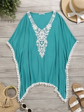 NWT Aqua Blue White Lace Pom Pom Swimsuit Cover Up Beach Kaftan OS